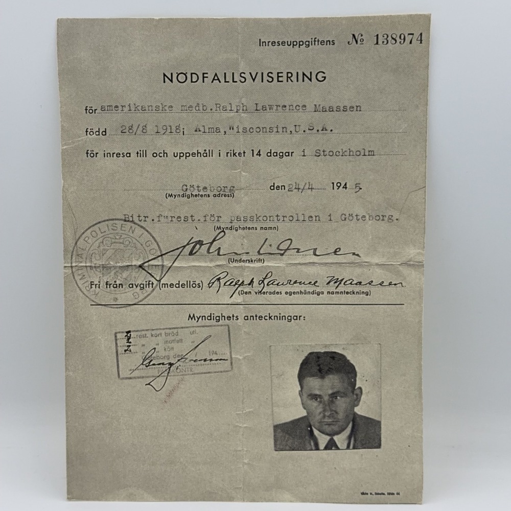 Vintage 1945 Swedish Emergency Visa Ralph Maassen American WWII Era Document ID